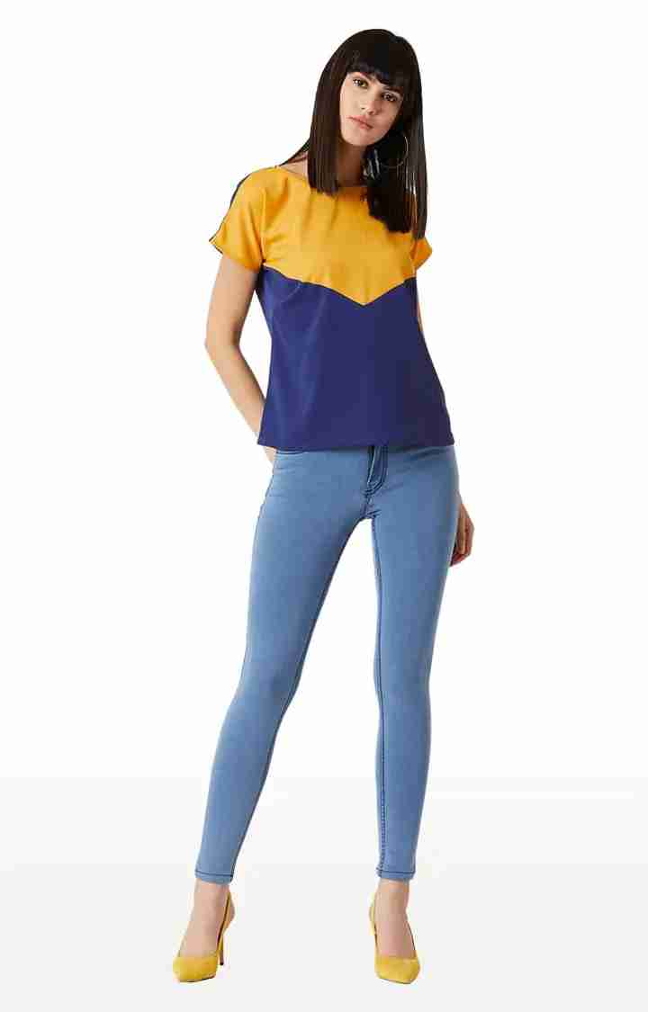 Women's Yellow Crepe ColourblockCasualwear Tops