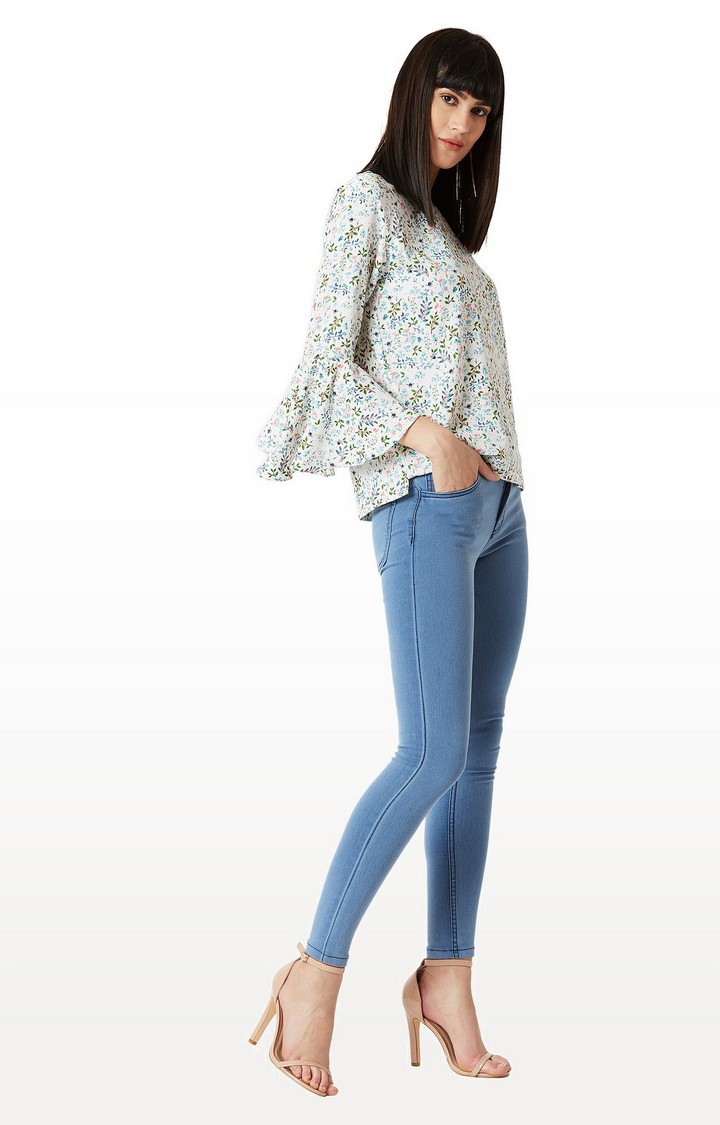 Women's White Crepe FloralCasualwear Tops