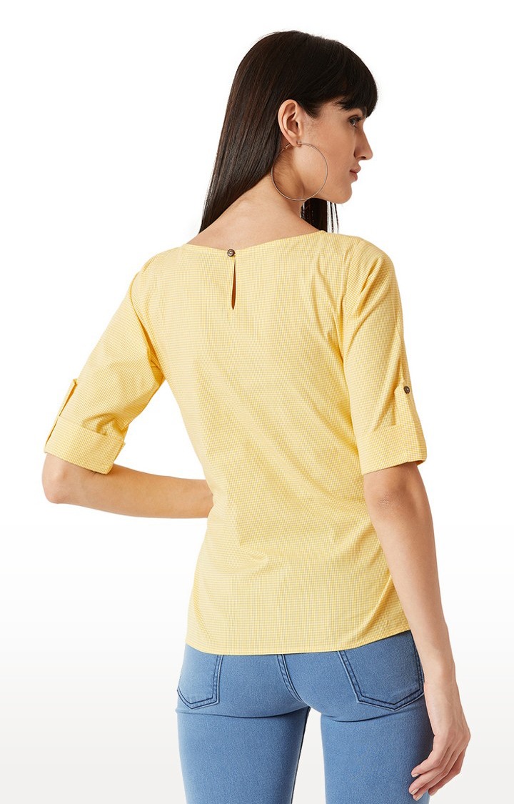 Women's Yellow Cotton CheckedCasualwear Tops