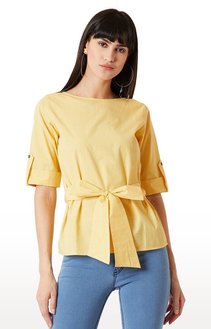 MISS CHASE | Women's Yellow Cotton CheckedCasualwear Tops