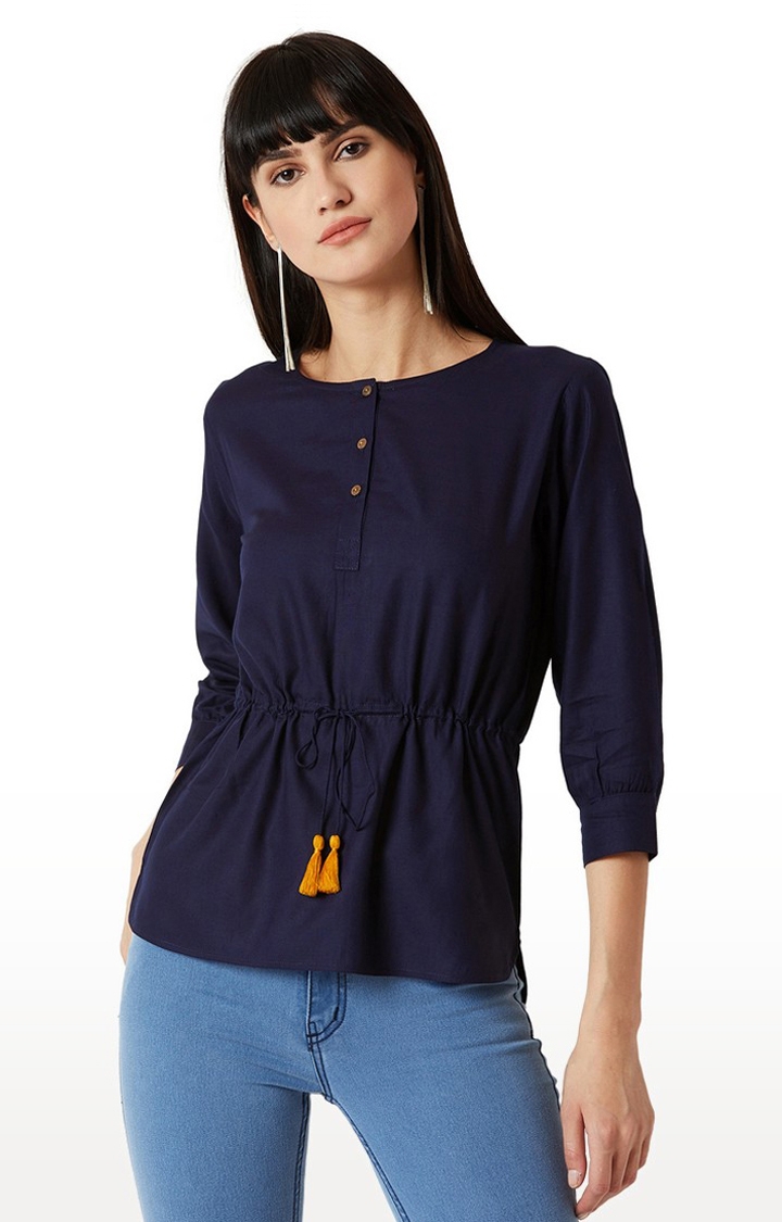 MISS CHASE | Women's Blue Rayon SolidCasualwear Tops