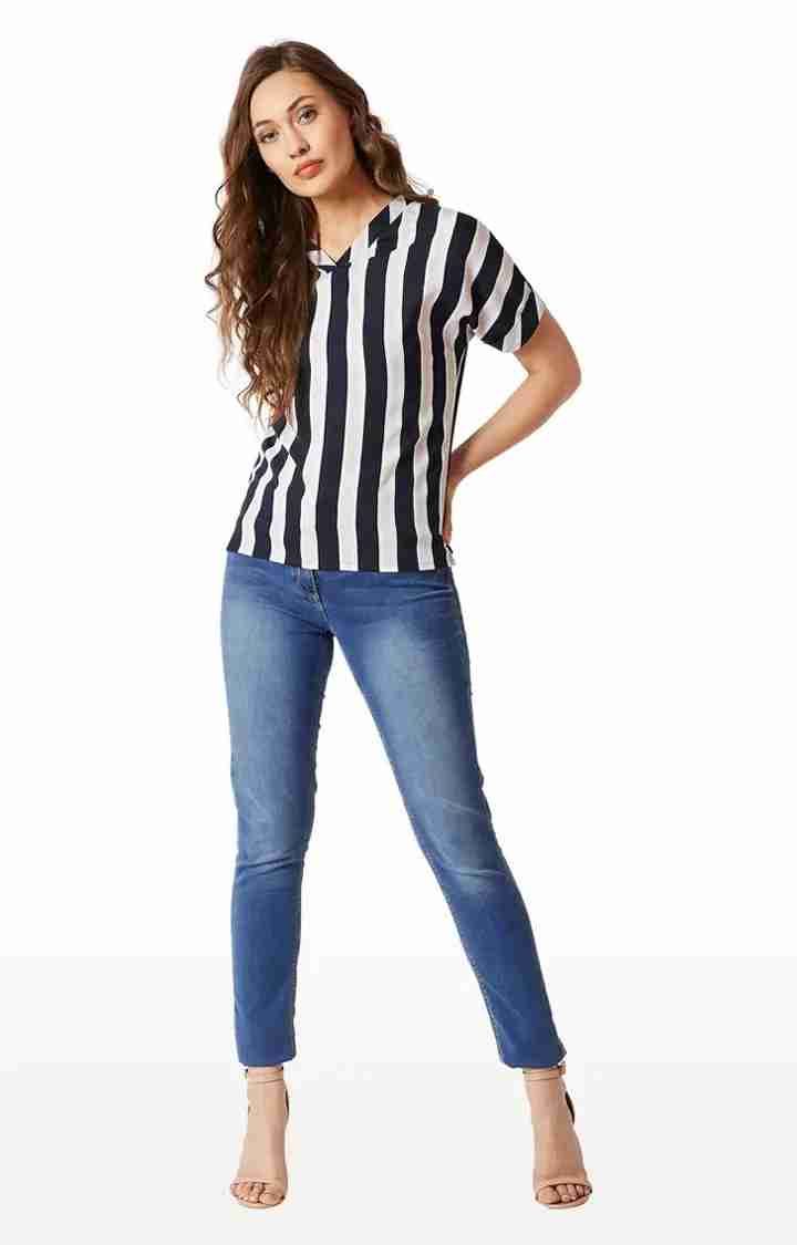 Women's Blue Crepe StripedCasualwear Tops