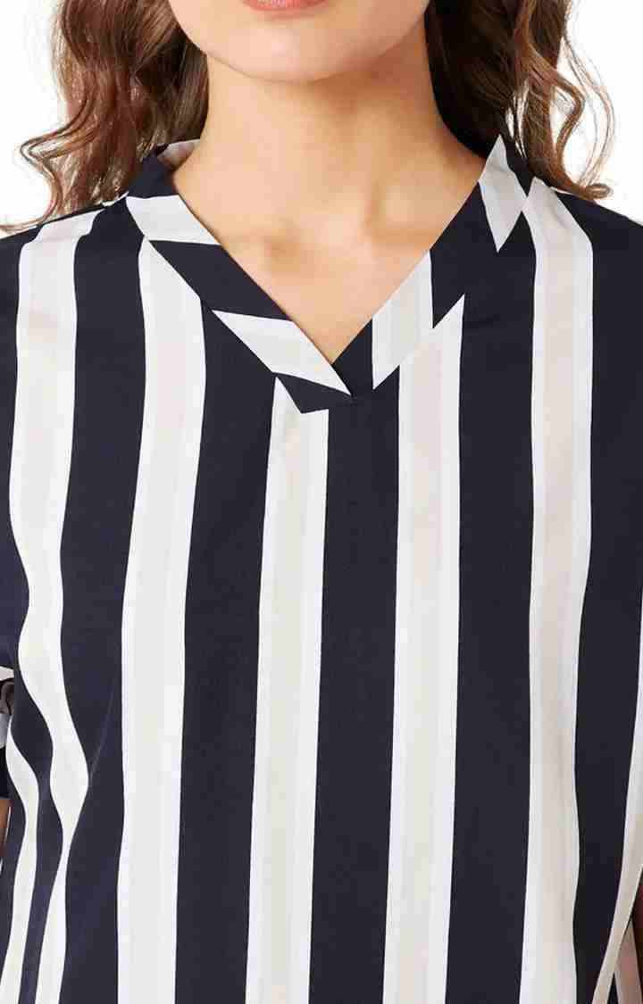 Women's Blue Crepe StripedCasualwear Tops