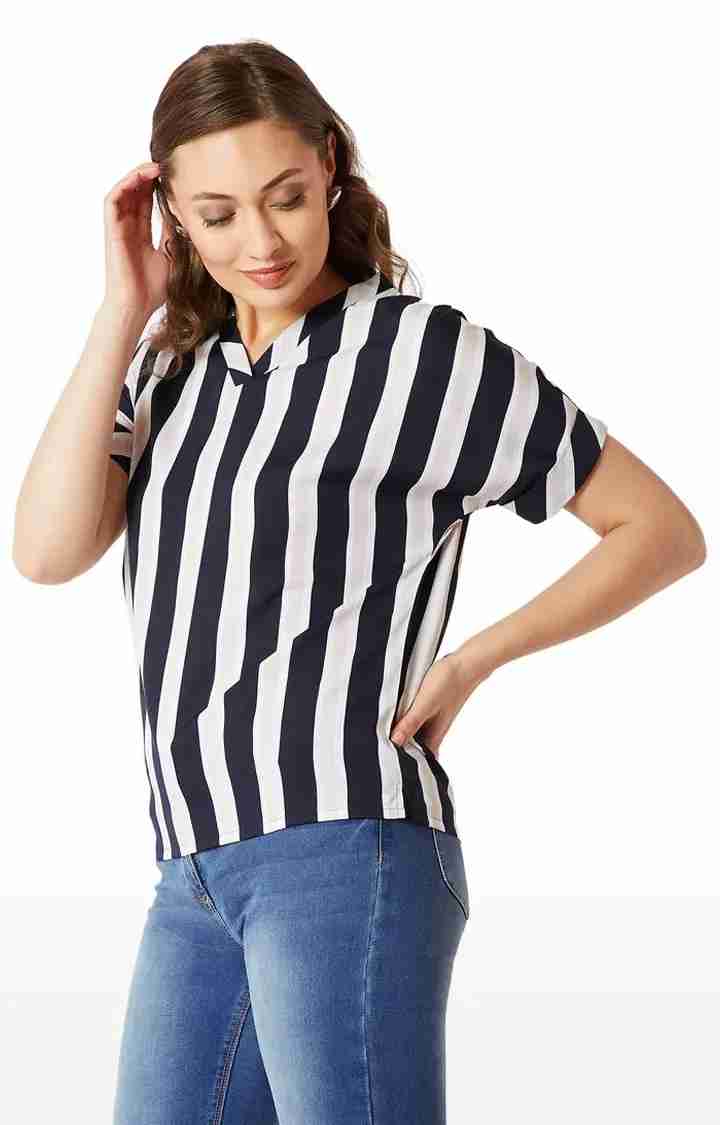 Women's Blue Crepe StripedCasualwear Tops
