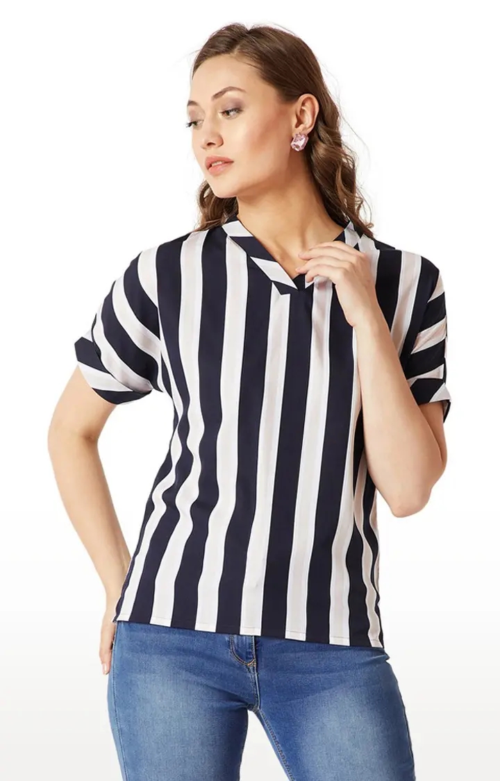 MISS CHASE | Women's Blue Crepe StripedCasualwear Tops