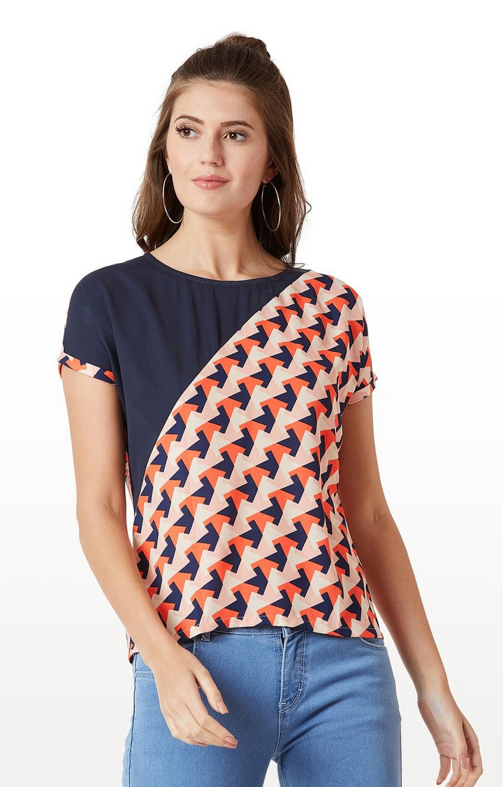 MISS CHASE | Women's Blue Crepe PrintedCasualwear Regular T-Shirts