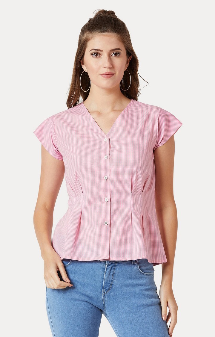 MISS CHASE | Women's Pink Cotton CheckedCasual wear Casual Shirts