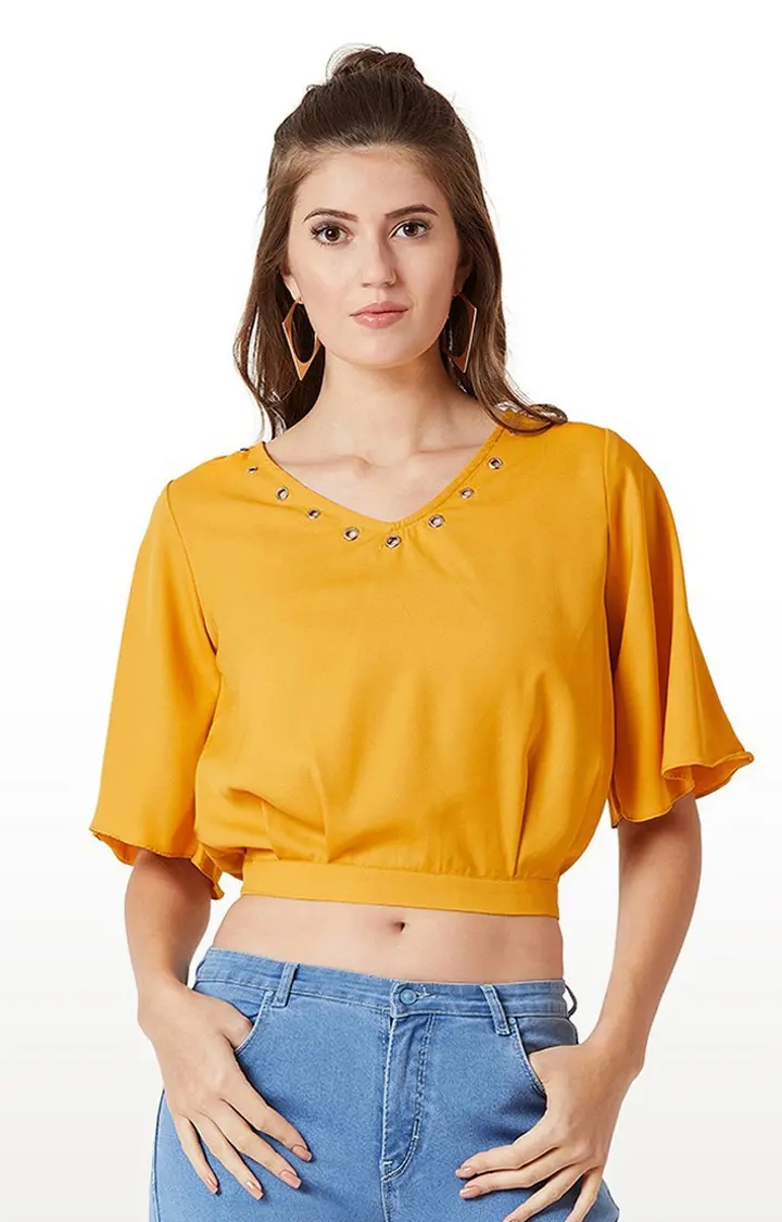 MISS CHASE | Women's Yellow Crepe SolidCasualwear Crop Top
