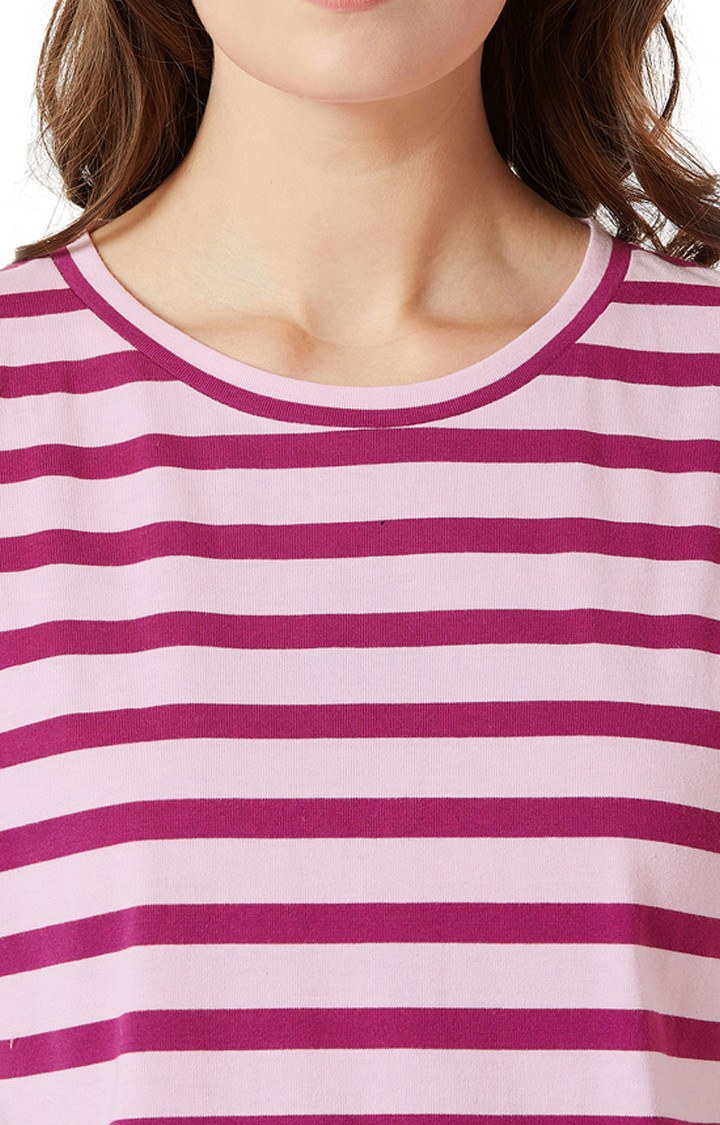 Women's Purple Cotton StripedCasualwear Regular T-Shirts