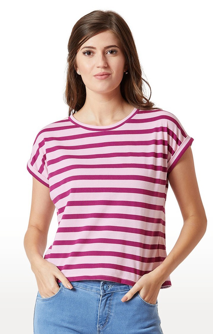 MISS CHASE | Women's Purple Cotton StripedCasualwear Regular T-Shirts