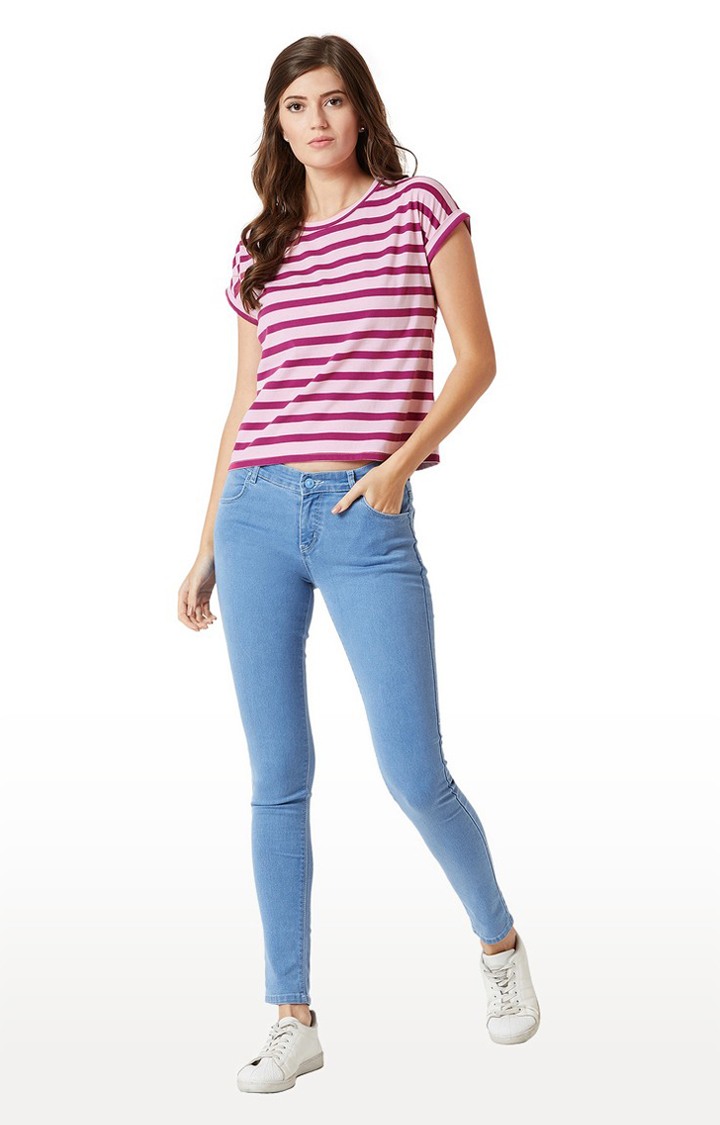 Women's Purple Cotton StripedCasualwear Regular T-Shirts