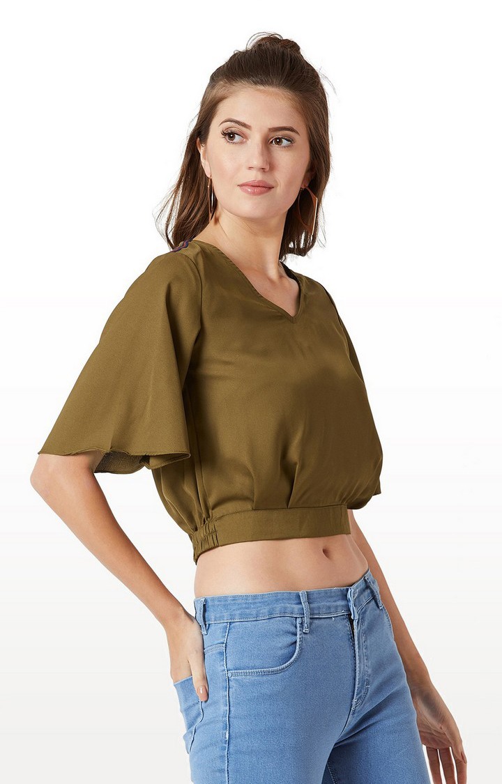 Women's Green Crepe SolidCasualwear Crop Top