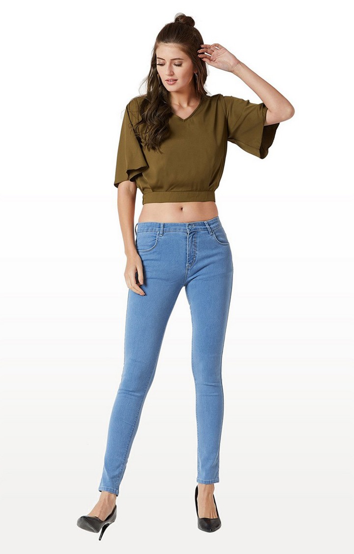 Women's Green Crepe SolidCasualwear Crop Top