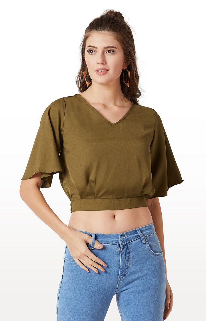 MISS CHASE | Women's Green Crepe SolidCasualwear Crop Top