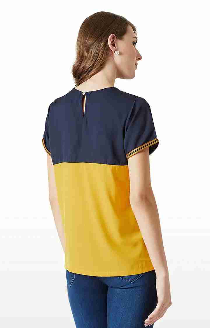 Women's Blue Crepe ColourblockCasualwear Regular T-Shirts