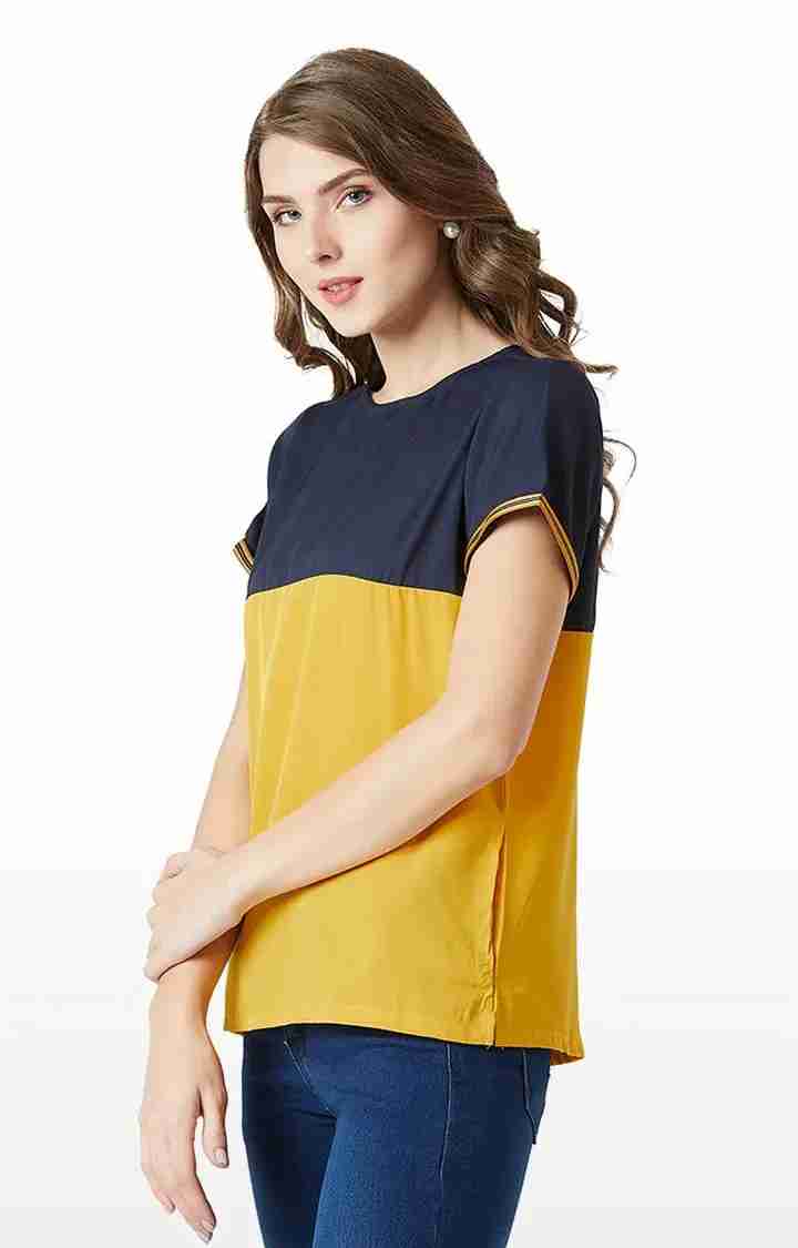 Women's Blue Crepe ColourblockCasualwear Regular T-Shirts