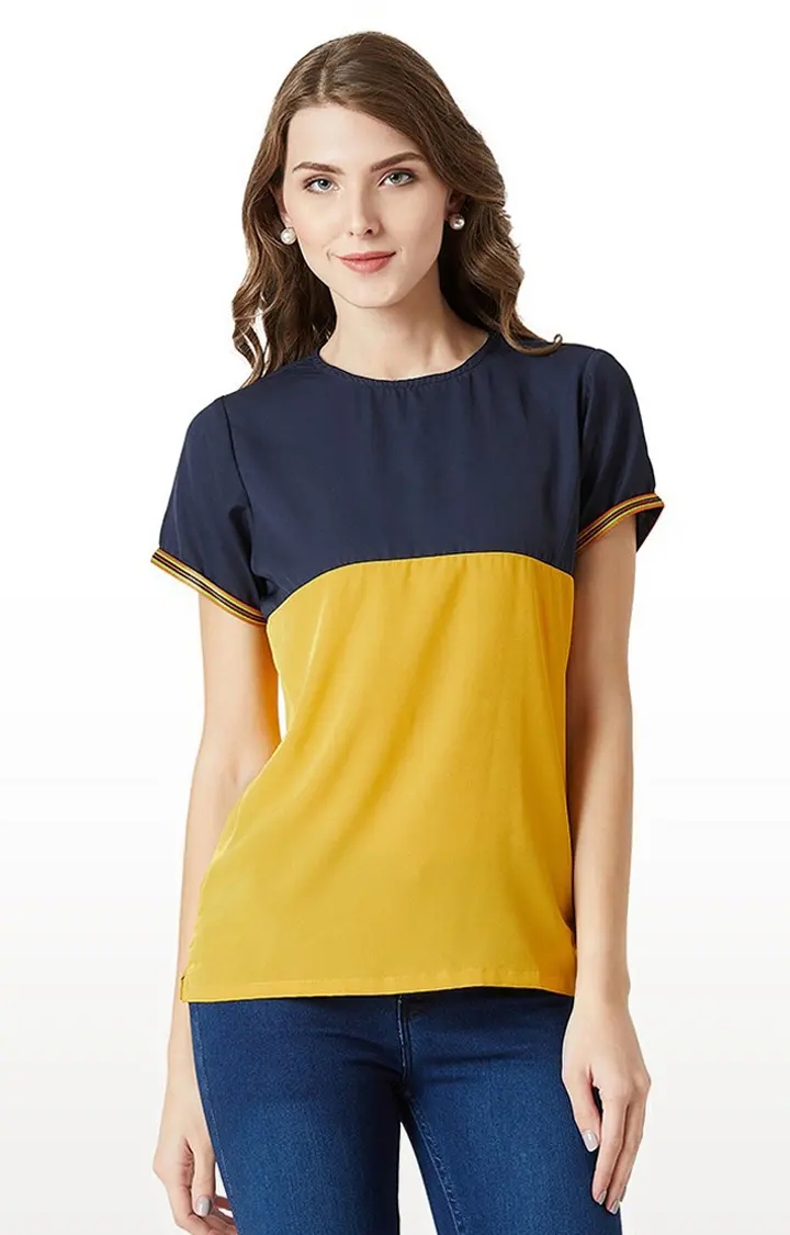 Women's Blue Crepe ColourblockCasualwear Regular T-Shirts