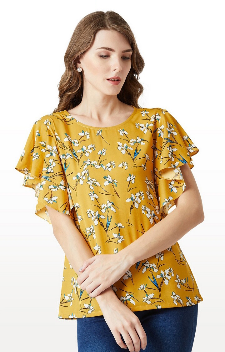 Women's Yellow Crepe FloralCasualwear Tops