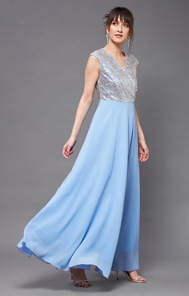 Women's Blue Georgette EmbellishedEveningwear Gowns