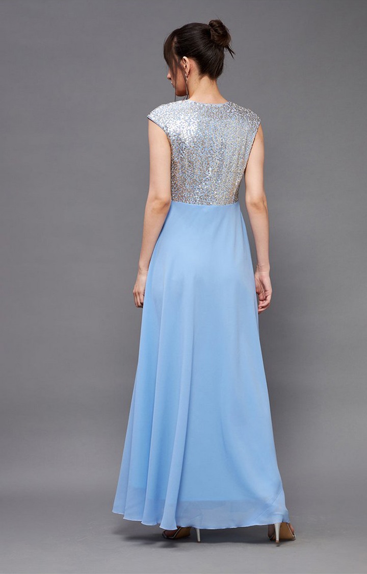 Women's Blue Georgette EmbellishedEveningwear Gowns