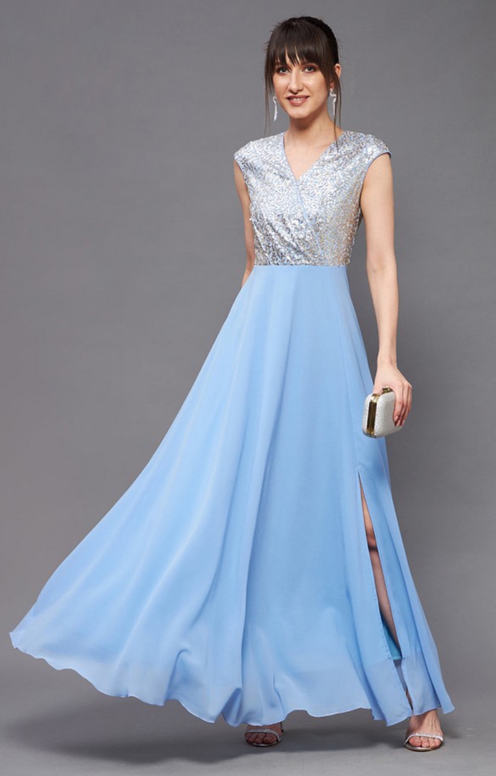 Women's Blue Georgette EmbellishedEveningwear Gowns