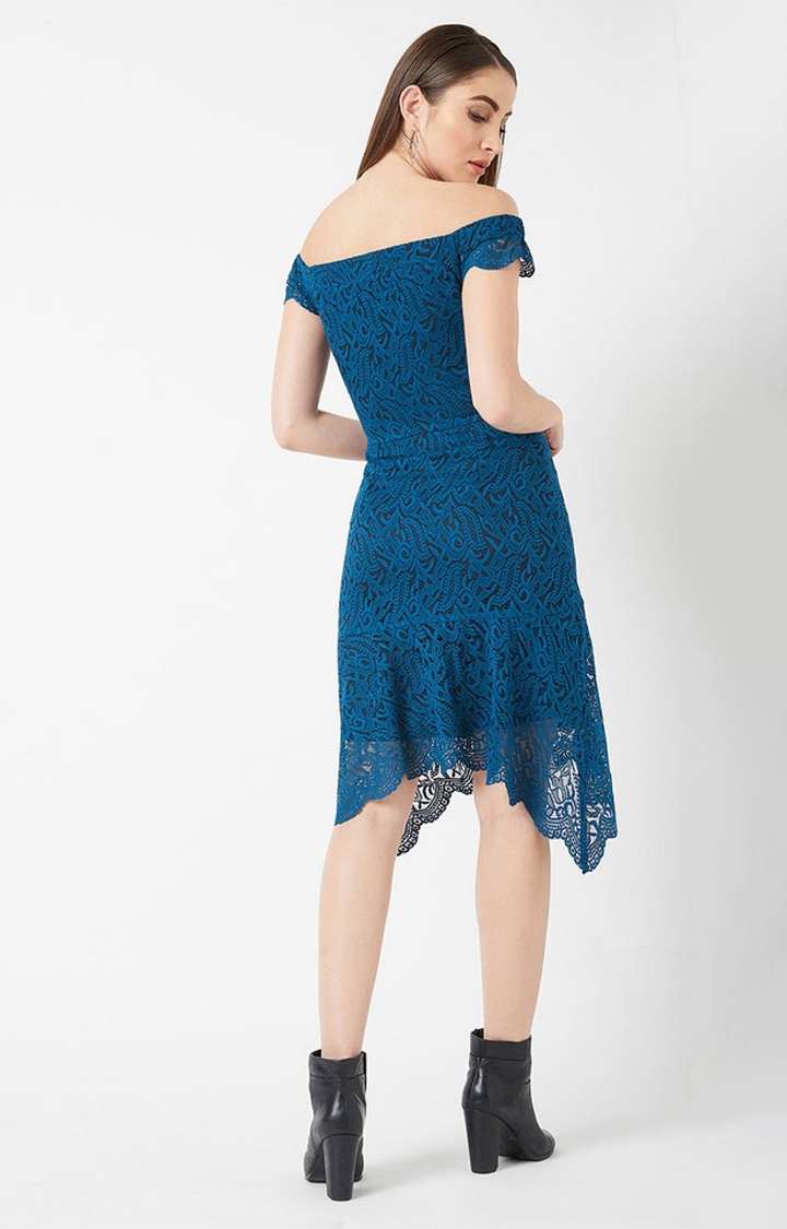 Women's Blue Lace EmbroideredEveningwear Asymmetric Dress