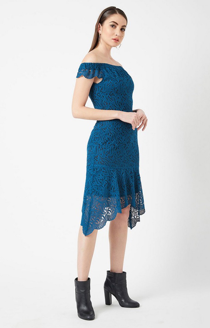 Women's Blue Lace EmbroideredEveningwear Asymmetric Dress