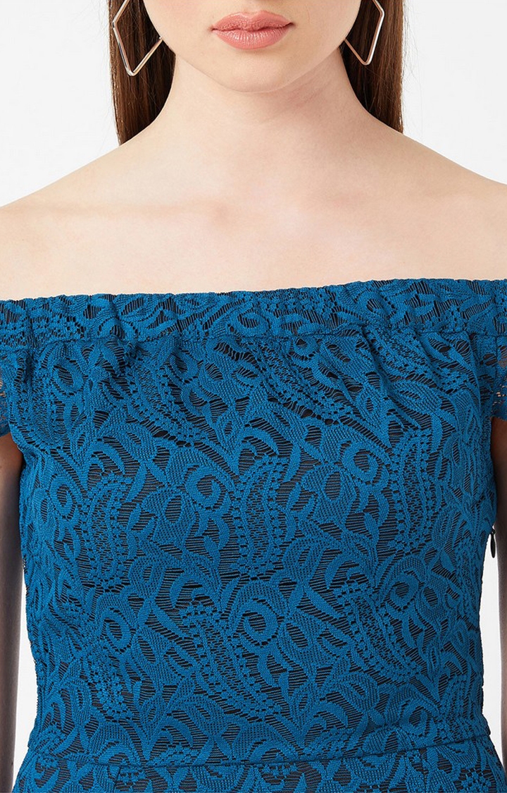 Women's Blue Lace EmbroideredEveningwear Asymmetric Dress