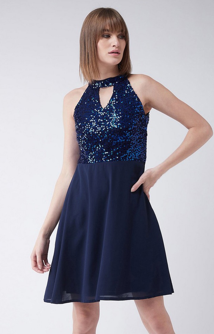 Women's Blue Georgette EmbellishedEveningwear Fit & Flare Dress