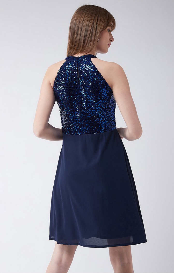Women's Blue Georgette EmbellishedEveningwear Fit & Flare Dress