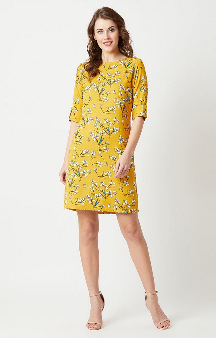 Women's Yellow Crepe Casualwear Shift Dress