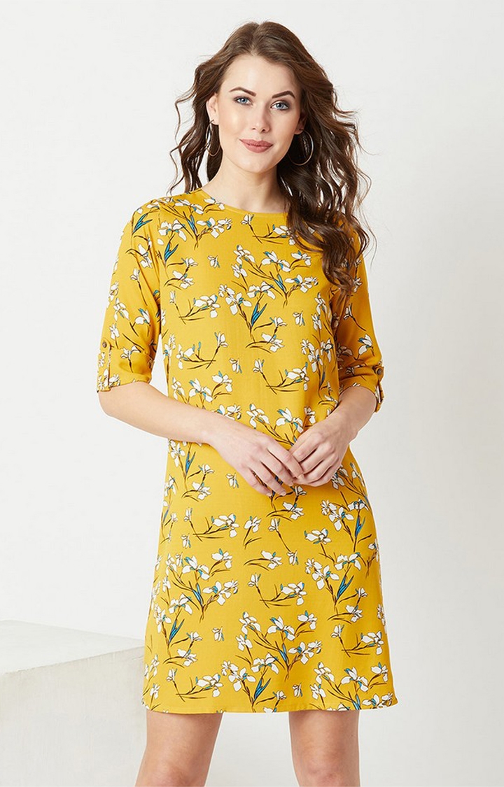 MISS CHASE | Women's Yellow Crepe Casualwear Shift Dress