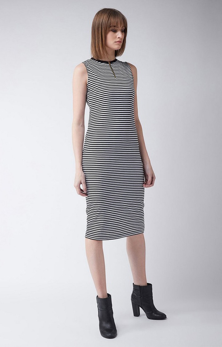 Women's Black Cotton StripedCasualwear Shift Dress