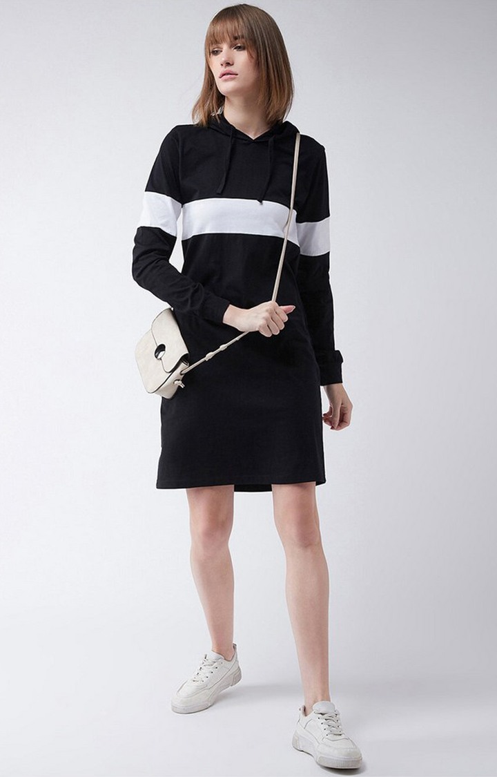 Women's Black Cotton ColourblockEveningwear Shift Dress