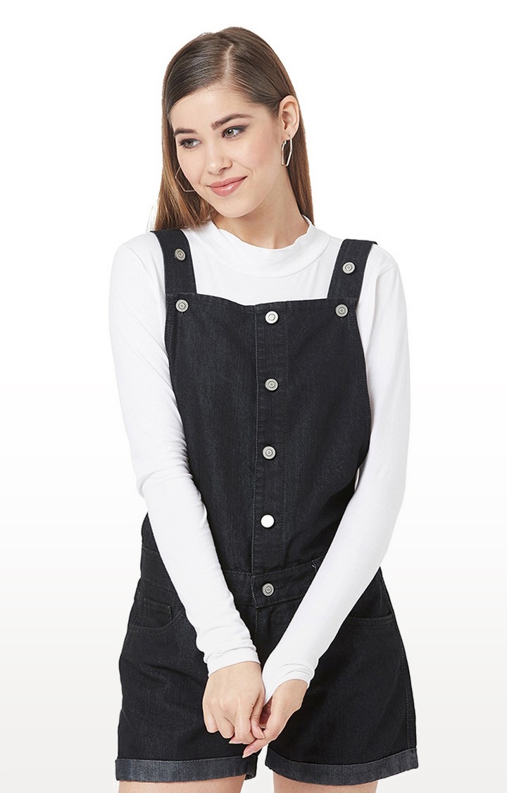 Women's Black Solid Dungarees