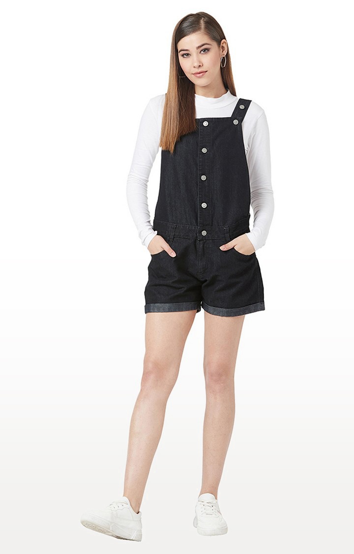 Women's Black Denim SolidCasualwear Dungarees