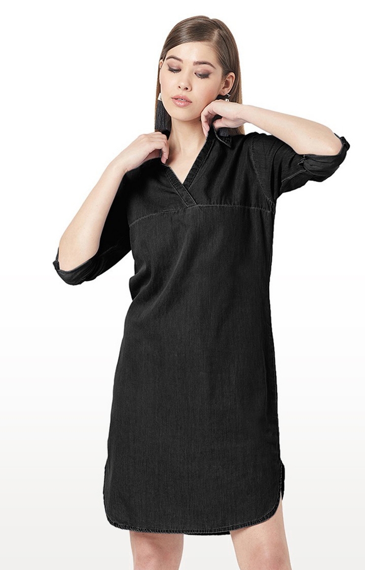 MISS CHASE | Women's Black Denim SolidCasualwear Shift Dress