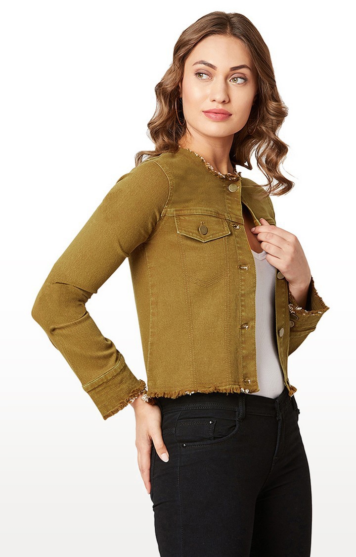 MISS CHASE | Women's Green Solid Denim Jackets 2