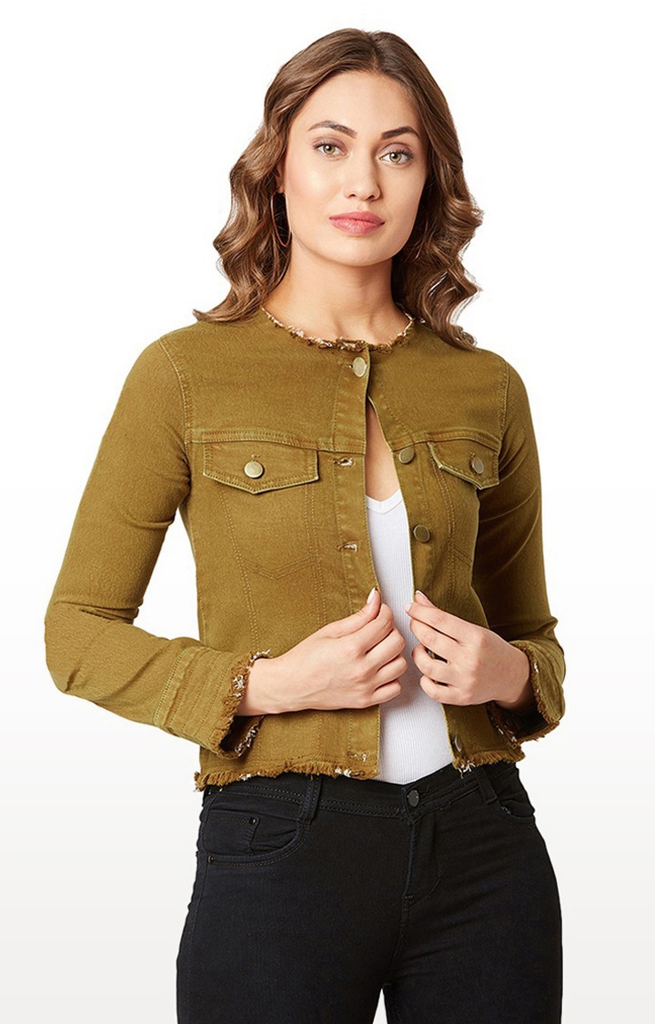 MISS CHASE | Women's Green Solid Denim Jackets 0