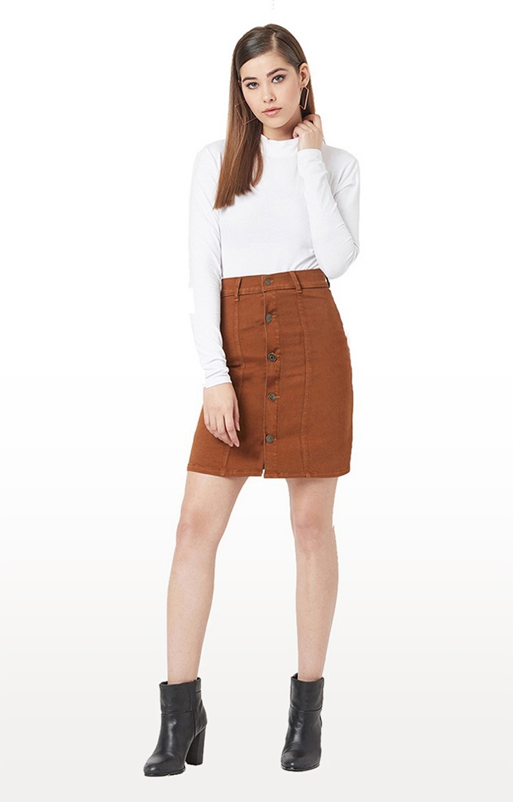 Women's Brown Solid Straight Skirt