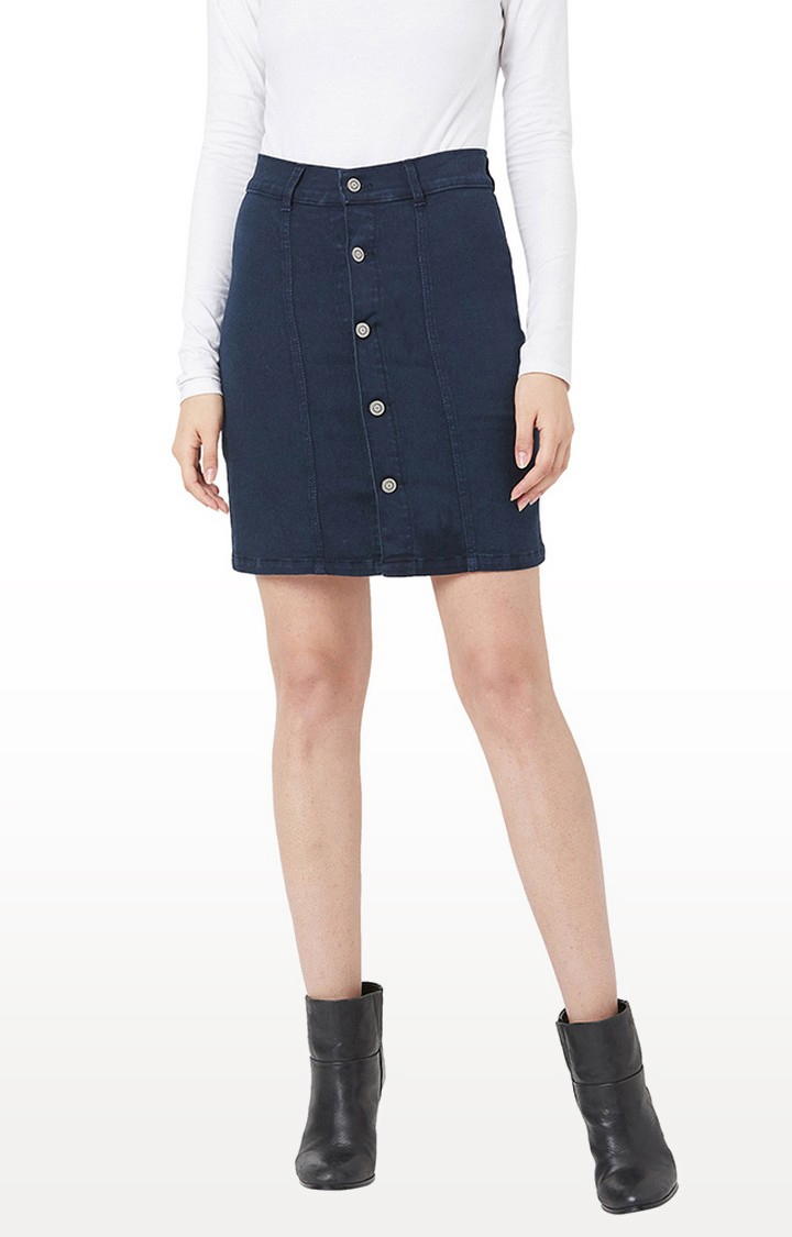 Women's Blue Solid Straight Skirt