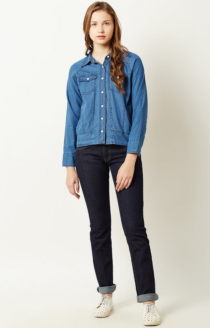 Women's Blue Cotton SolidCasualwear Denim Jackets