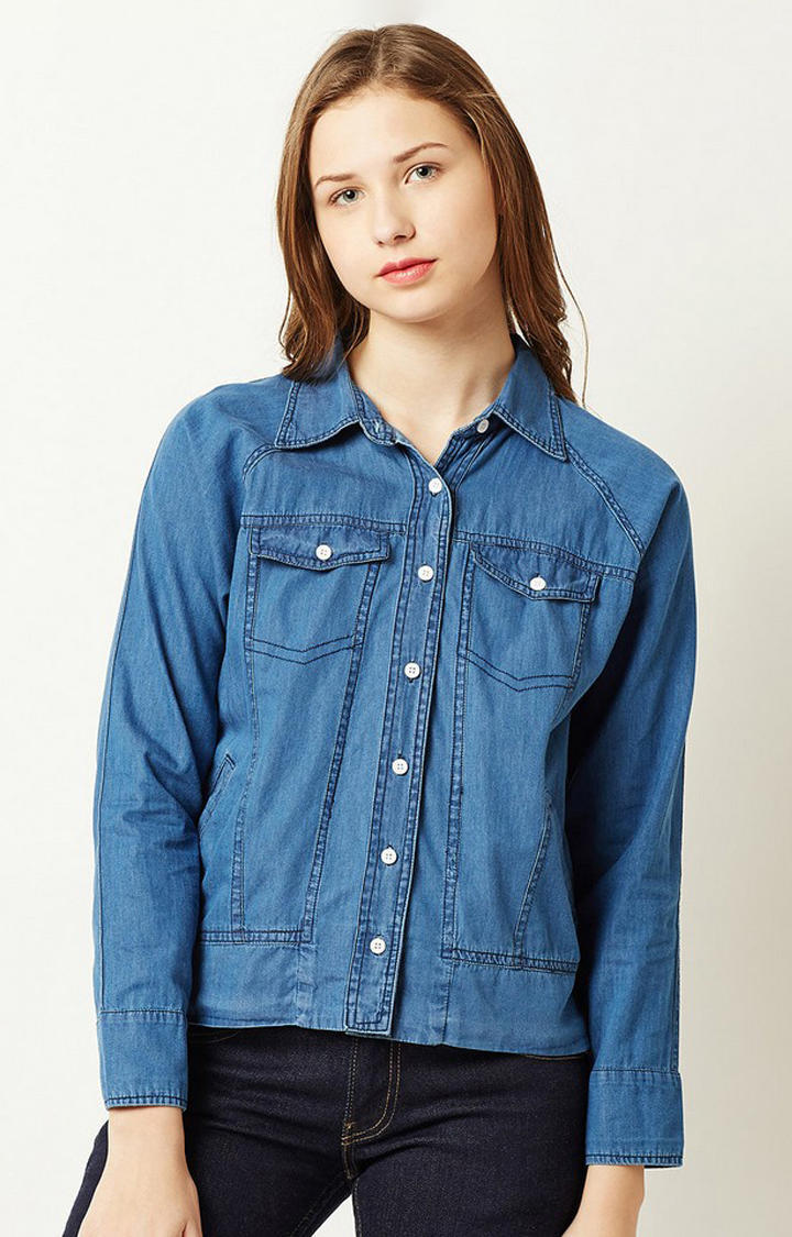 Women's Blue Cotton SolidCasualwear Denim Jackets