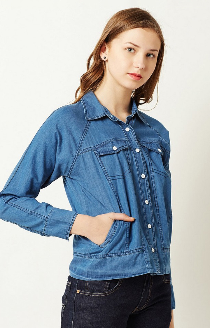 MISS CHASE | Women's Blue Cotton SolidCasualwear Denim Jackets