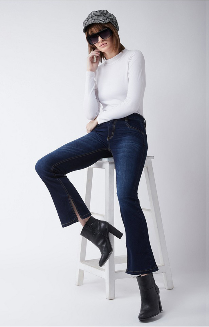 Women's Blue Solid Flared Jeans
