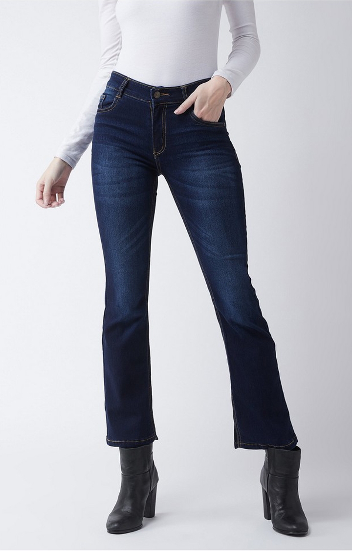 Women's Blue Solid Flared Jeans
