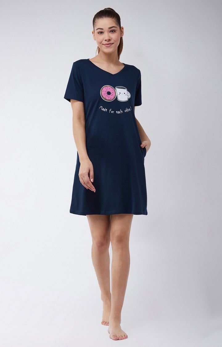 MISS CHASE | Women's Blue Cotton Sleepwear Dress