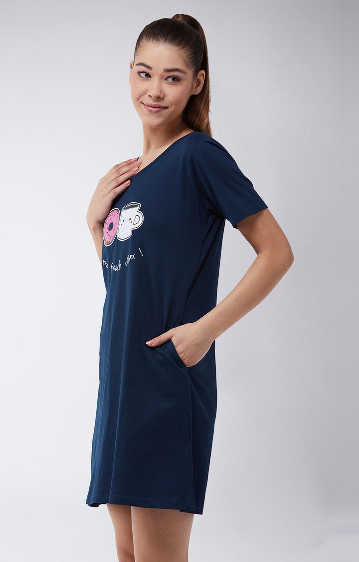 Women's Blue Cotton Sleepwear Dress
