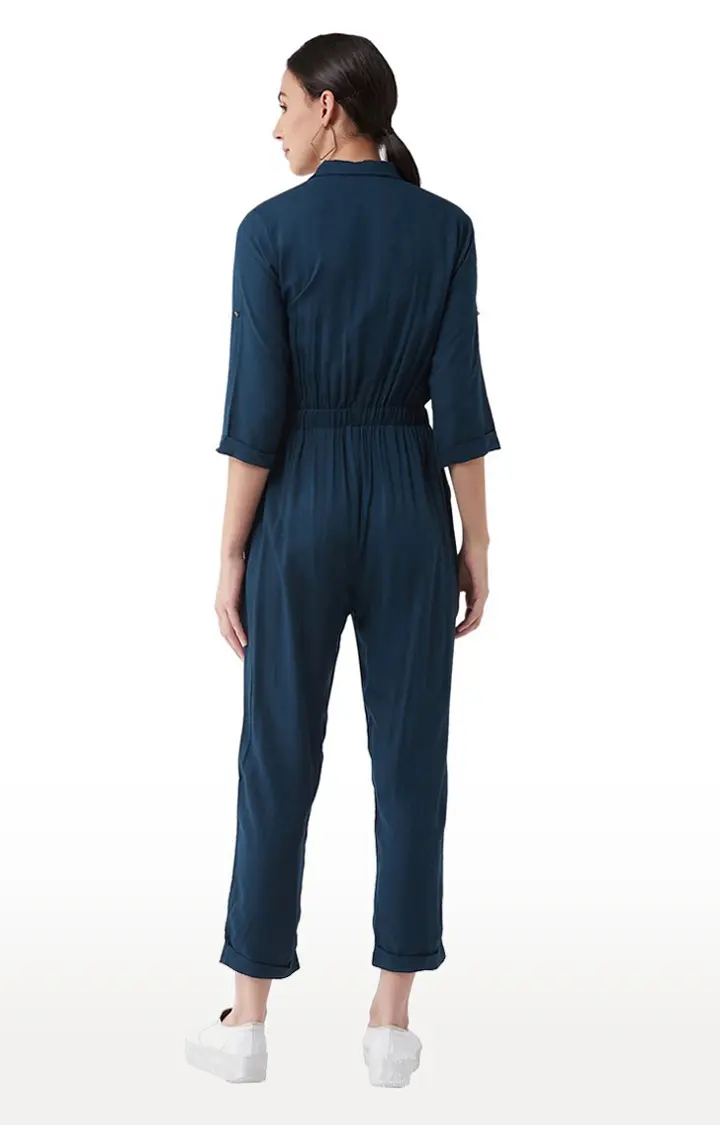 Women's Blue Rayon SolidCasualwear Jumpsuits