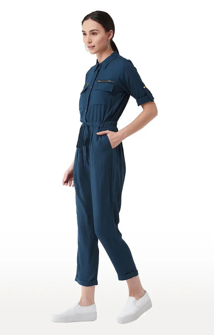 Women's Blue Rayon SolidCasualwear Jumpsuits